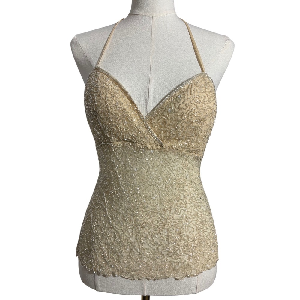 Wet Seal Beaded Halter Top Y2K Champagne Sheer Mesh Tie Back Camisole Small